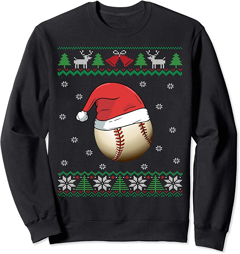 Baseball Wearing Santa Hat | Baseball Fan Ugly Christmas Sweatshirt