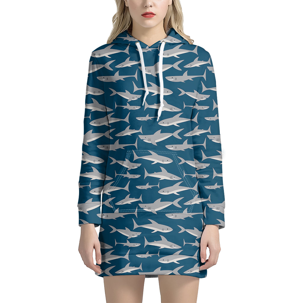 White Shark Pattern Print Women’S Pullover Hoodie Dress