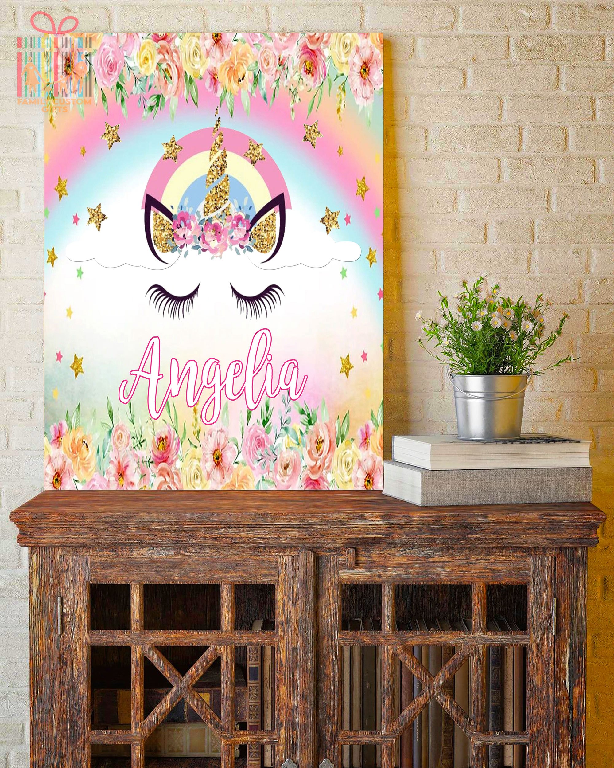 Custom Canvas Print Wall Art Cute Flower Unicorn Printing Personalized Gift Canvas Art – Gift for Girls