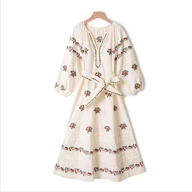 Women Flowers Embroidery V-Neck Midi Dress Linen Blended 2022 New Holiday Ladies Lantern Sleeve Bohemian Long Robes with Sashes alx