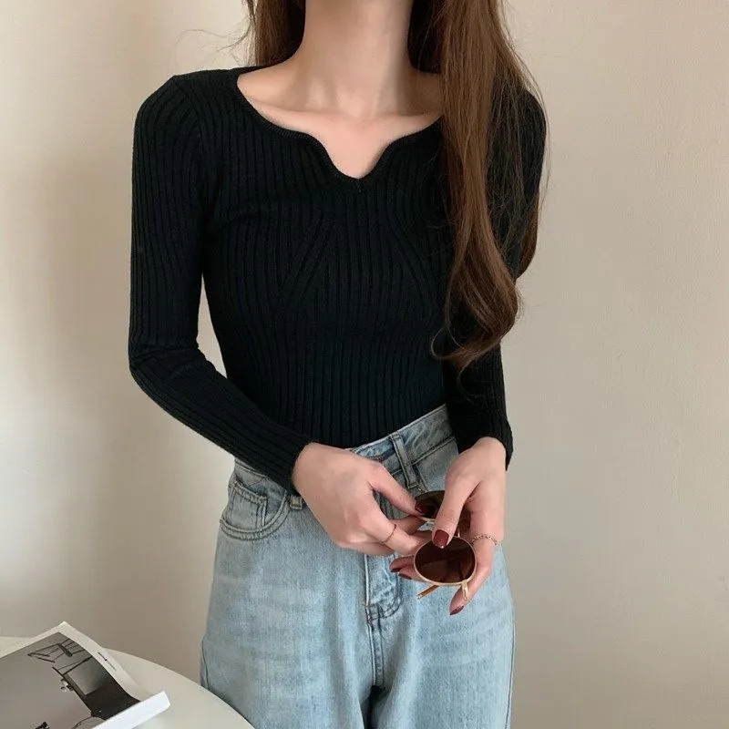 Sweater Women Pullover V Neck Long Sleeve Knitted Sweater Thin Korean Slim Thin Solid Basic Knitwear Jumper Autumn and Winter alx