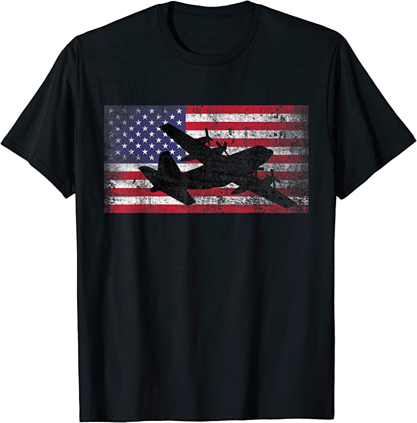 C-130 Military Plane Pilot Vintage USA Flag T-Shirt