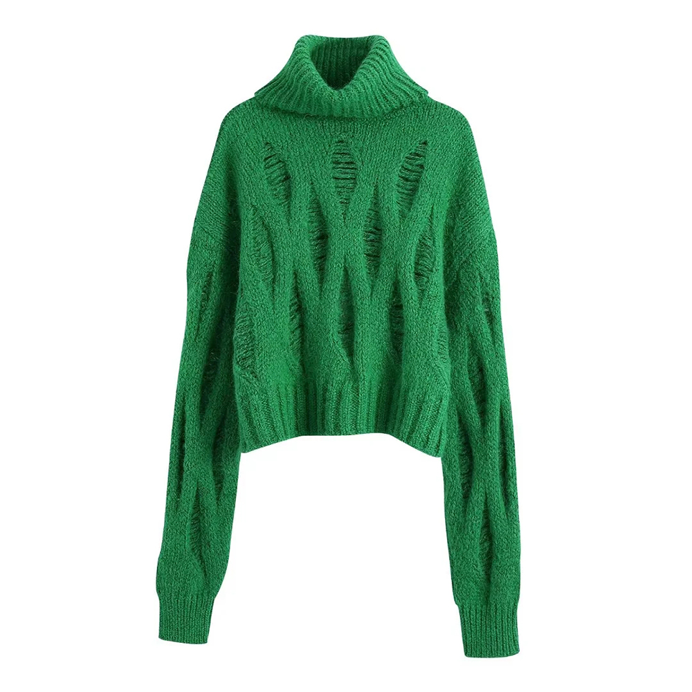 xikom 2021 Women Fashion o neck Collar green Color Hollow Out Short Knitting Sweater Female Chic Crop Pullovers Tops alx