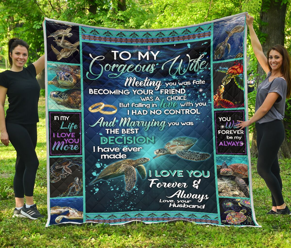 ViticStore™ Turtles style To Gorgeous Wife- Blue Ocean Shade- Cotton Kingsize Quilt Gift from Husband