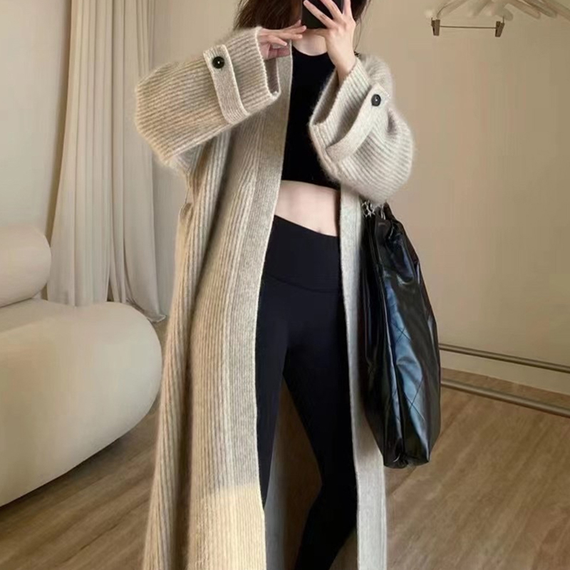 Chic Long Knitted Cardigan Women 2022 Autumn Loose White Knitwear Ladies Open Stitch Full Sleeve Elegant Sweater Cardigan Winter alx