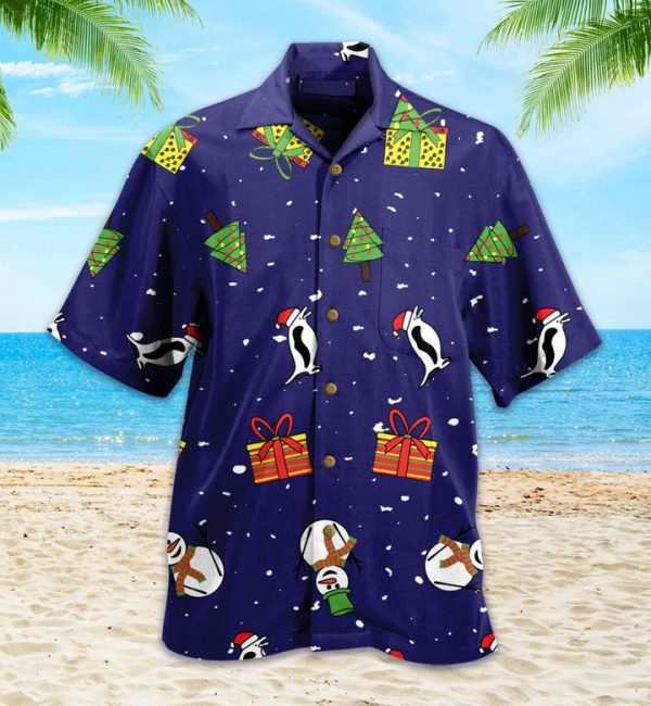 Cute Winter Pattern Snowmen Penguins Blue Hawaiian Shirt 3D