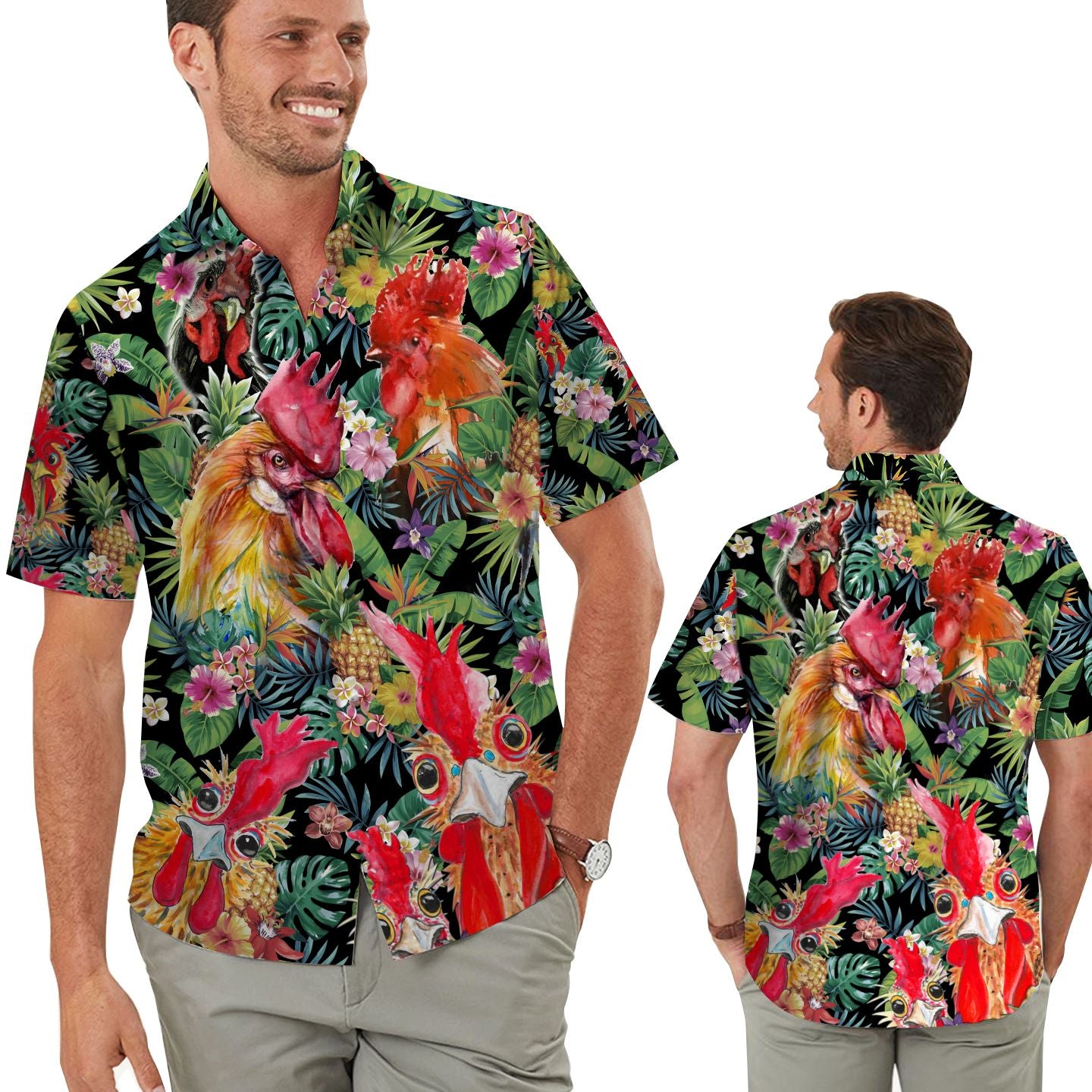 Funny Roosters Tropical Flowers Men Hawaii Summer Beach Shirts Ha51974