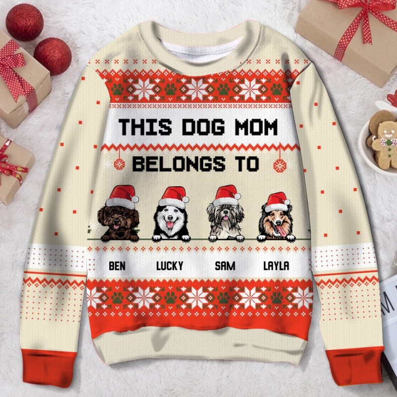 Personalized Custom Dog Mom Ugly Christmas Sweater, Christmas Gift For Dog Lover, This Dog Mom Belongs To