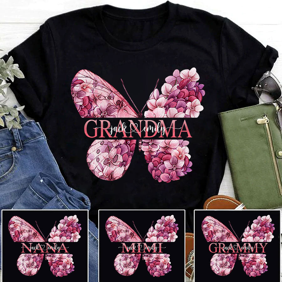 Grandma Butterfly Flower Mother’S Day Custom Kids Name T-Shirt