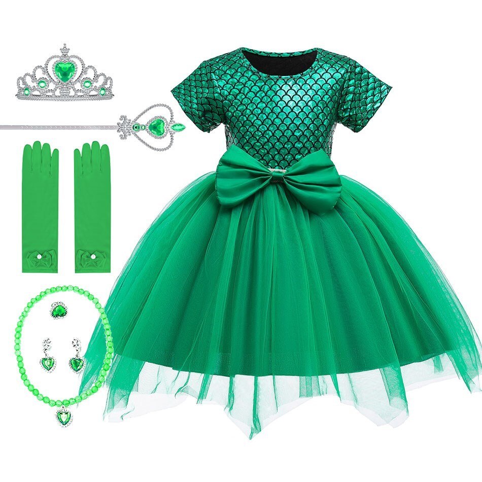 Baby Princess Costume Girls Ariel Cosplay Birthday Bow Knot Clothes Kids Little Mermaid Halloween Tulle Dress Cosplay Green Gown alx