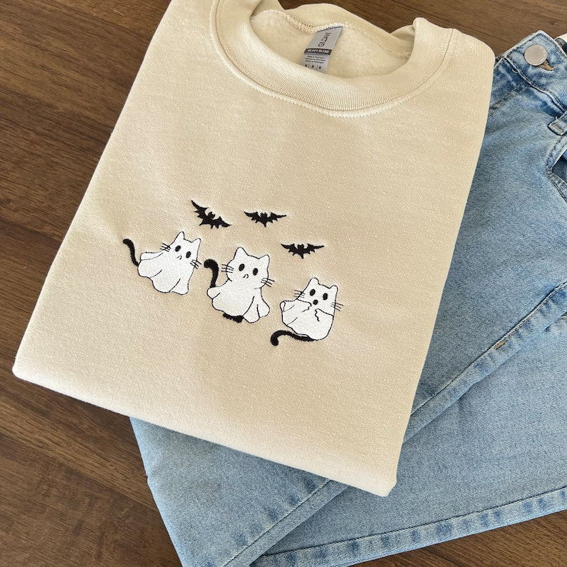 Embroidered Ghost Cats Halloween Sweatshirt Crewneck Sweatshirt All Over Print Sweatshirt For Women Sweatshirt For Men Sws2482