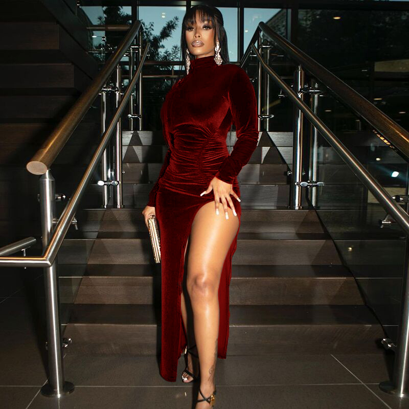 2022 Autumn Winter Women Solid Velvet Long Sleeve Ruched Midi Dress Side Slit Bodycon Sexy Streetwear Party Elegant Club alx