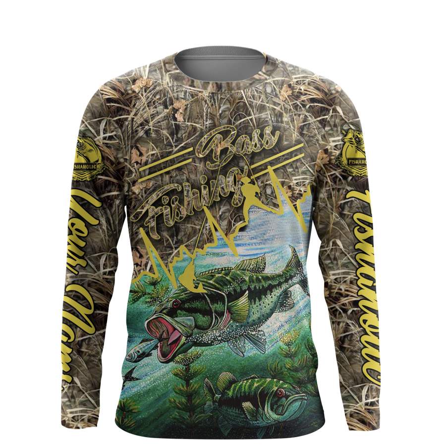 Bass fishing fishaholic Camo UV protection quick dry Customize name long sleeves UPF 30+ personalized gift for Adult and kid- NQS800