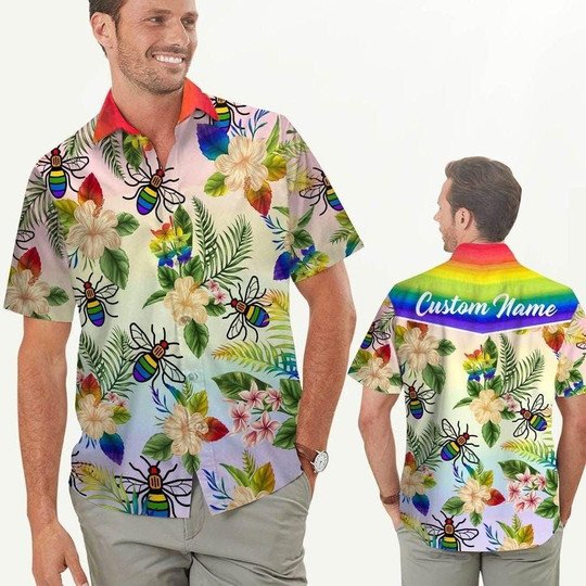 Rainbow Bee Hibiscus Lgbt Pride Custom Name Hawaii Shirt Ha12050