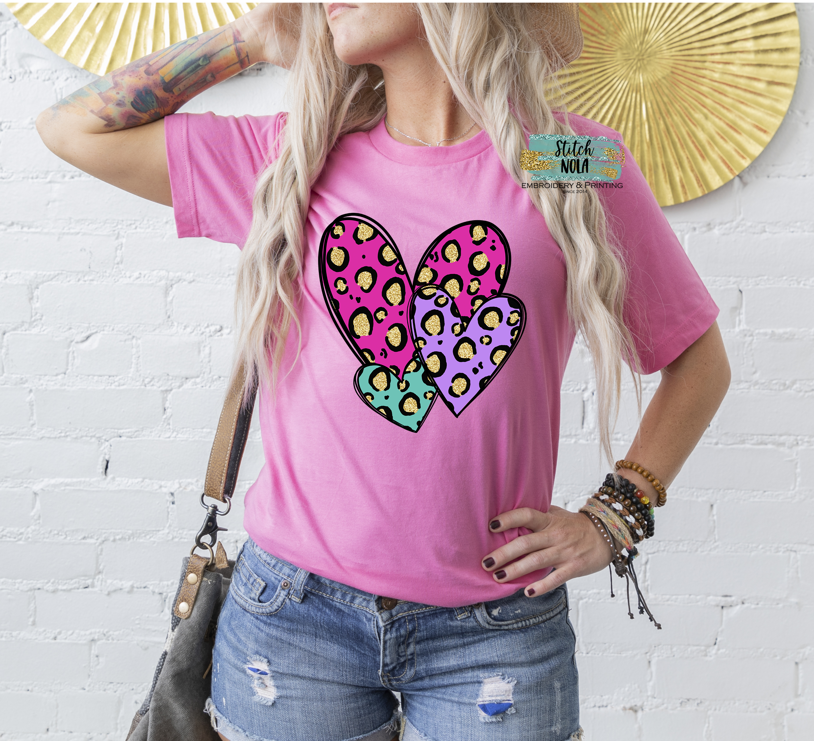 Adult Valentines Leopard Heart Trio Printed Tee