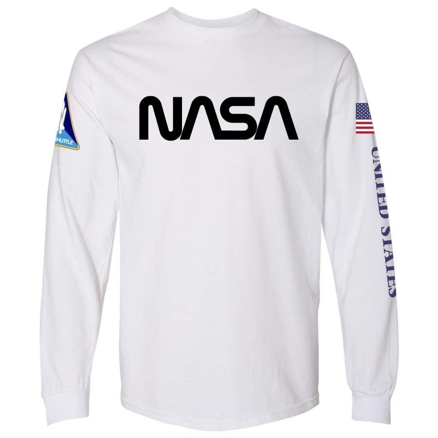 NASA Worm (Black) and Shuttle Insignia Heavyweight White Long Sleeve T-Shirt for Men