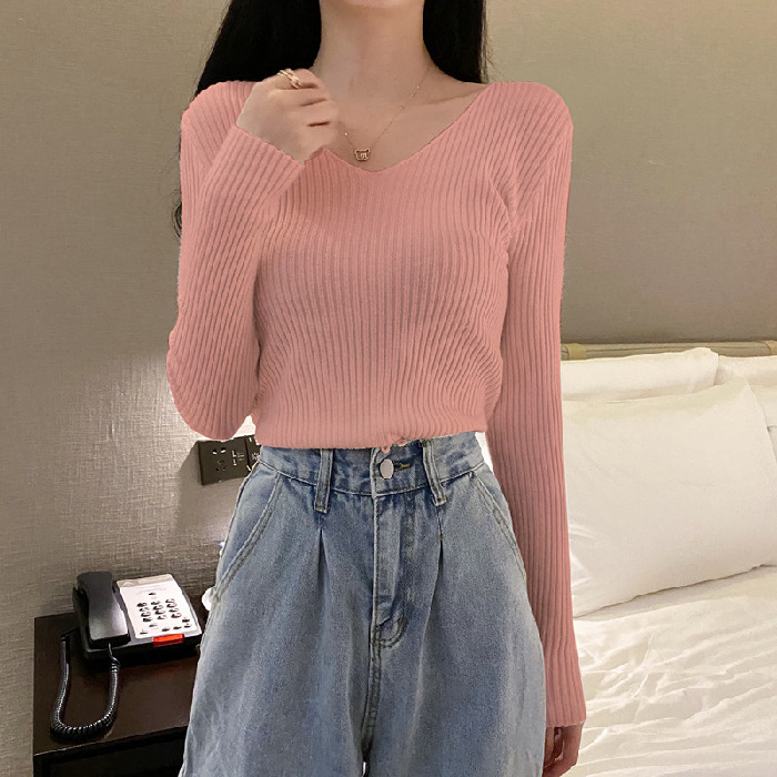 Autumn Winter Thin Elastic Knitted Sweaters Sexy V Neck Long Sleeve Slim High Stretch Solid Knitwear Pullover Tops alx