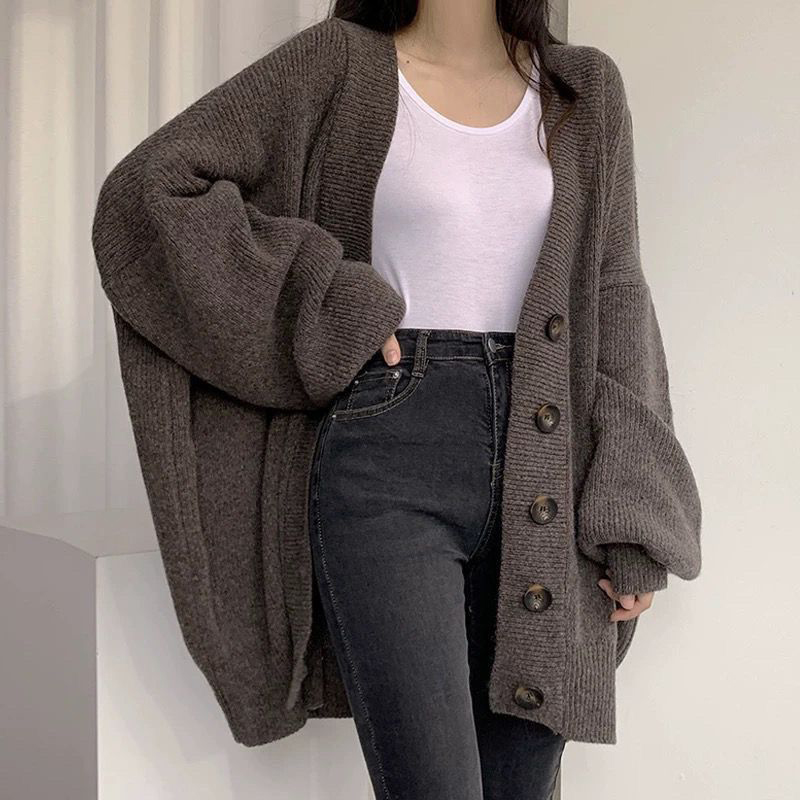 Autumn Winter Lantern Sleeve Buttons Sweater Coat Lady Loose Casual All-match Solid Long Knitted Cardigan Outwear Women Jacket alx