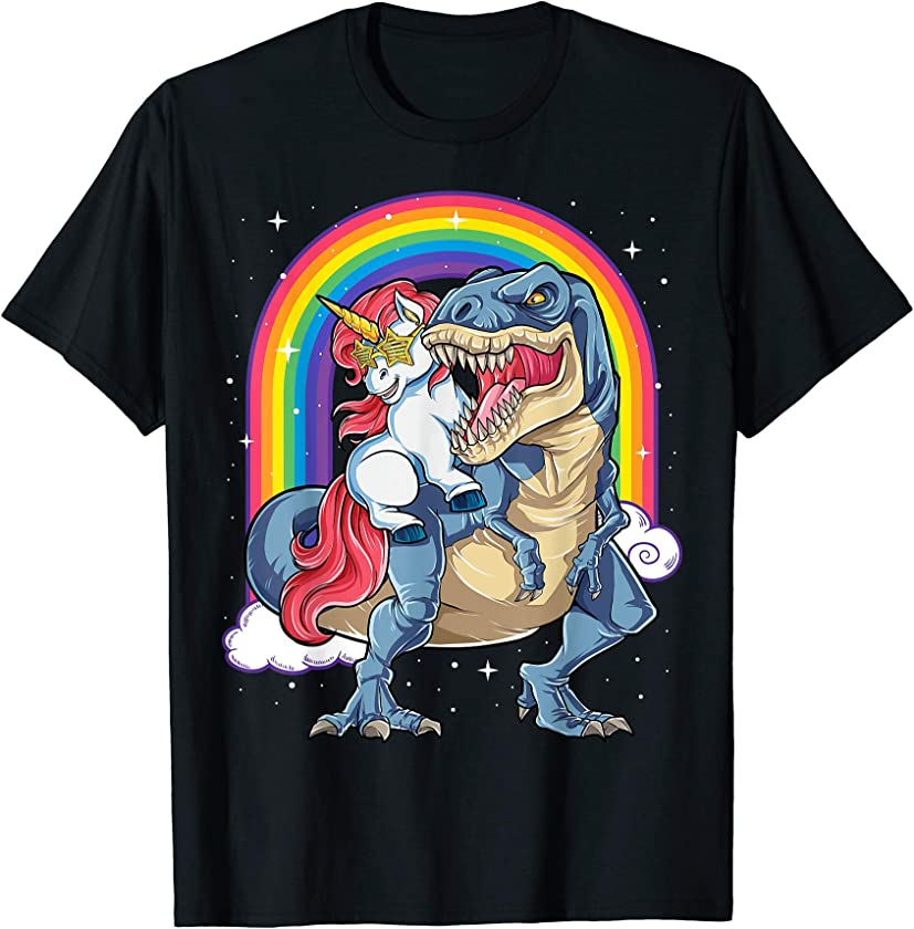 Unicorn Riding Dinosaur T rex Shirt Boys Girls Kids Rainbow T-Shirt