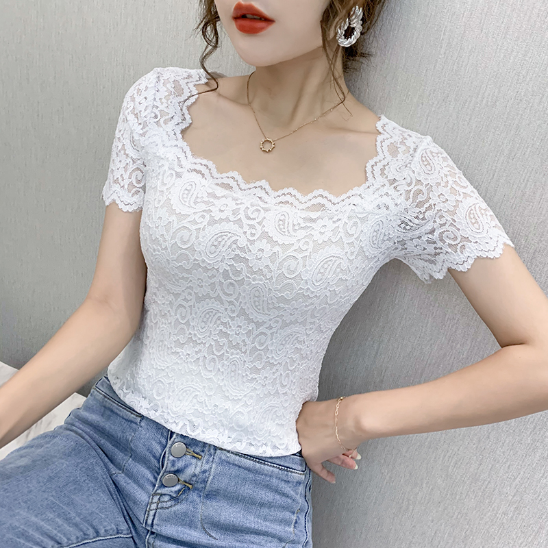 Women lace tops New 2020 Summer short sleeve lace shirt Square collar women tshirt Solid color summer tops blusas alx