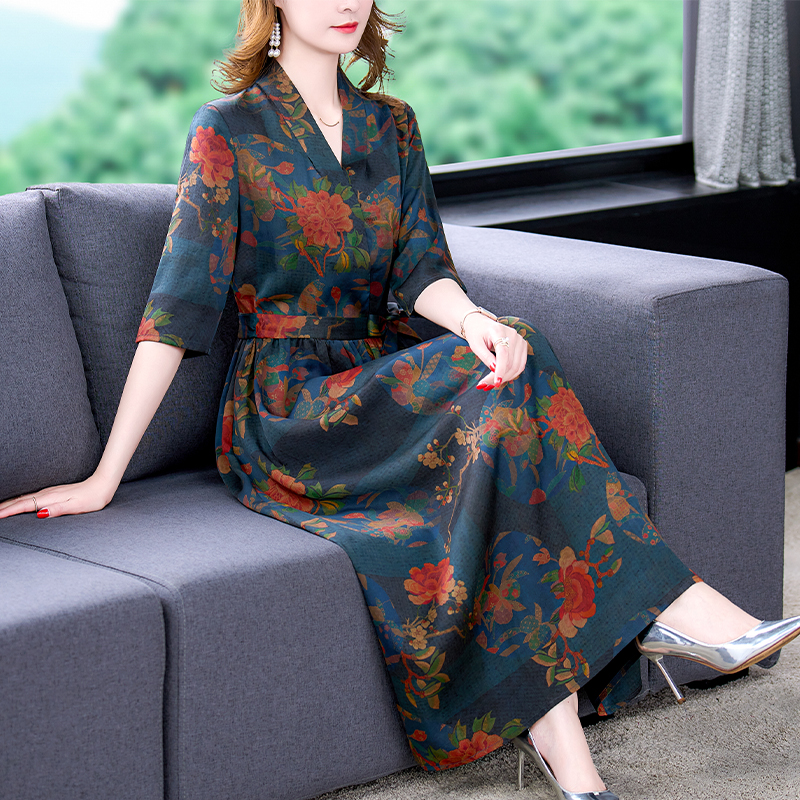 Women Purple Floral Mulberry Silk V-Neck Maxi Dress 2022 Elegant Bodycon Party Dress Spring Summer New Short Sleeve Casual Dress alx