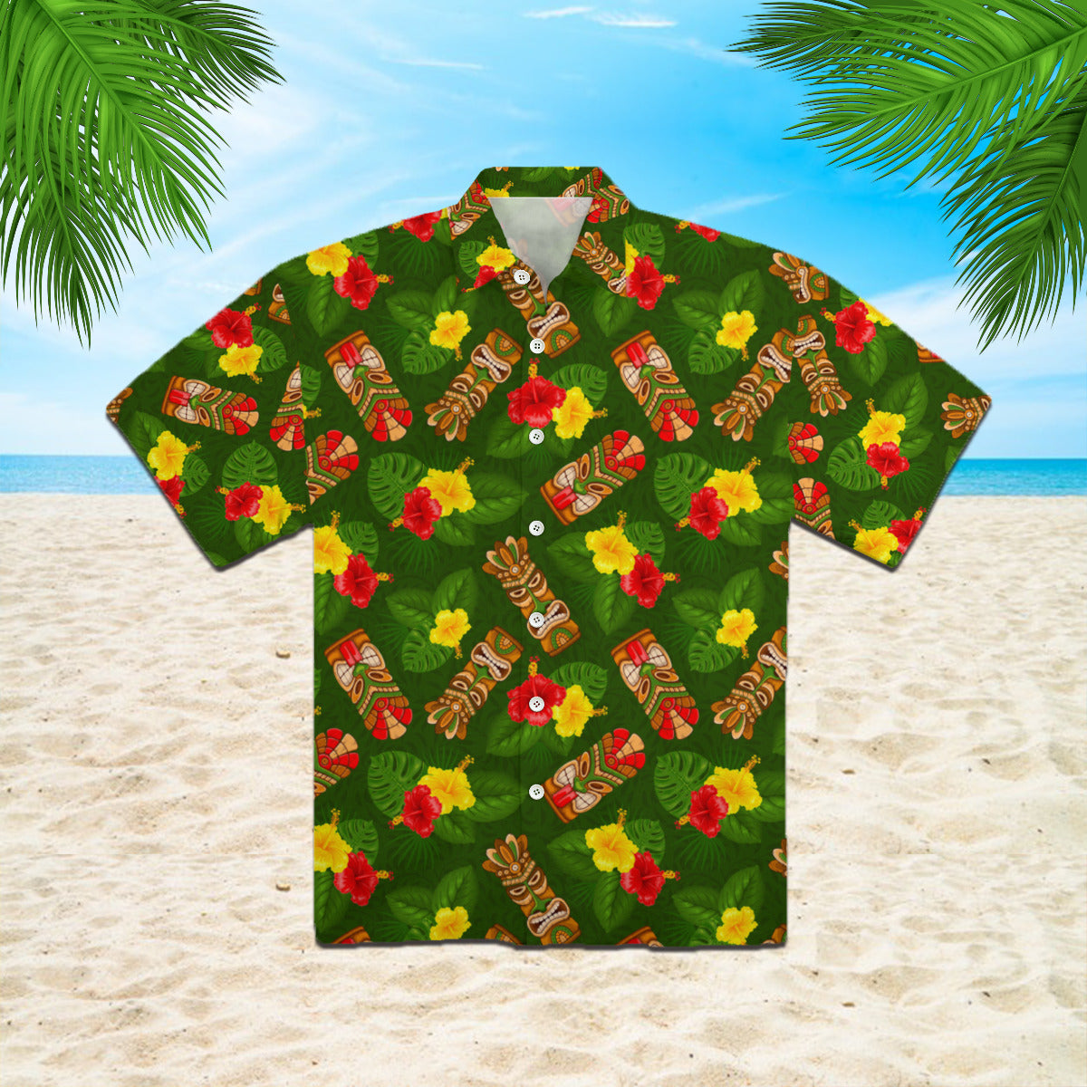 Tiki Mask Hibiscus Flowers Tropical Summer On Paradise Beach Hawaiian Shirt | For Men & Women | Hw855