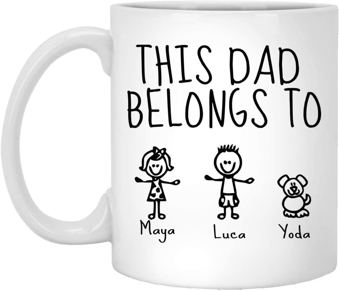 Personalized Dad Mug – This Dad Belongs To – Stick Figure Family – Funny Dad Gifts – Funny Dad Coffee Mug – Custom Names 15Oz