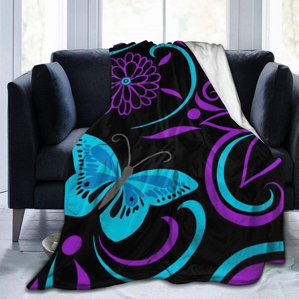 Purple Butterfly And Flower Sherpa Fleece Blanket Ub - Gearnoble