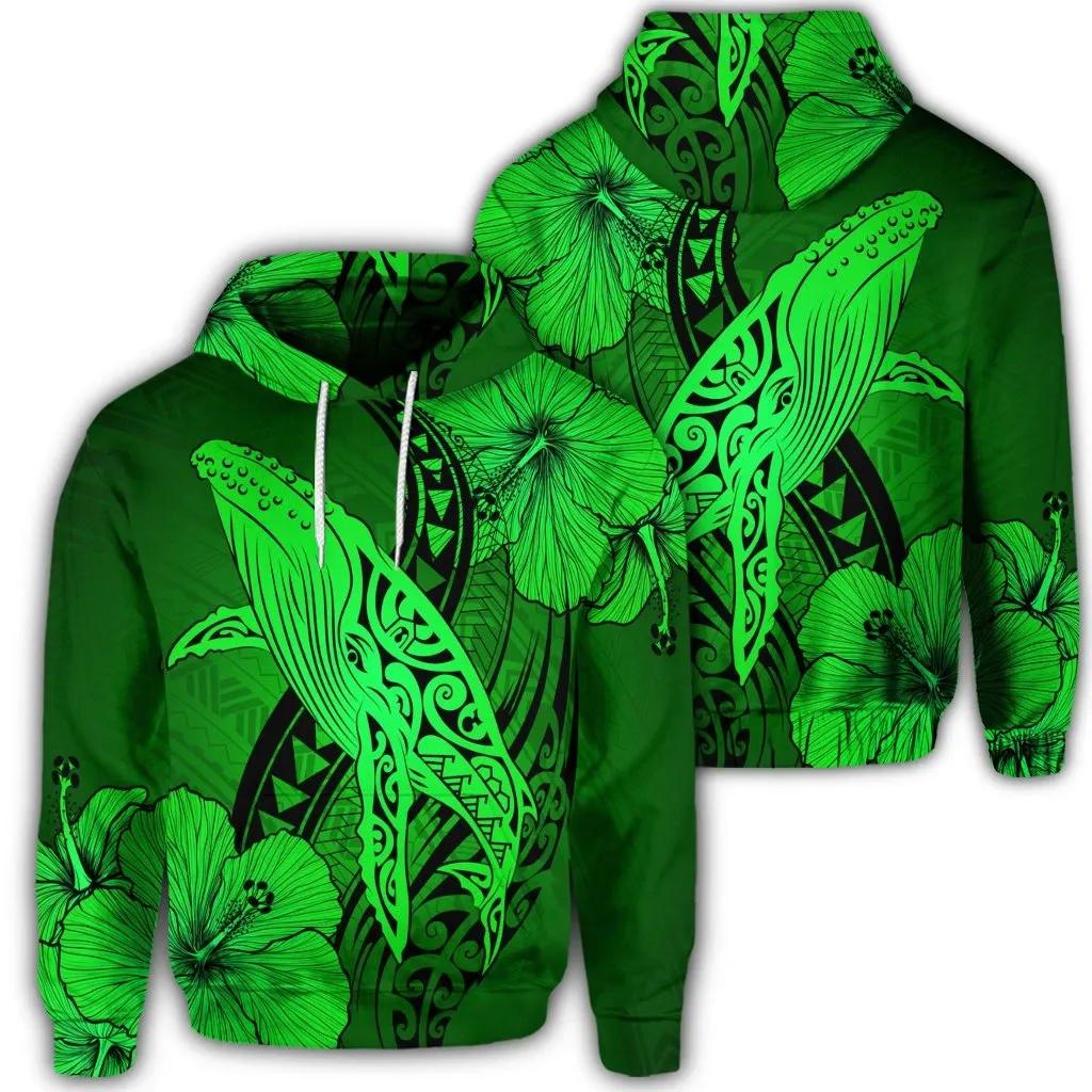 Alohawaii Hoodie – Hawaiian Map Whale Swim Hibiscus Polynesian Hoodie – Green – Ah – J6R