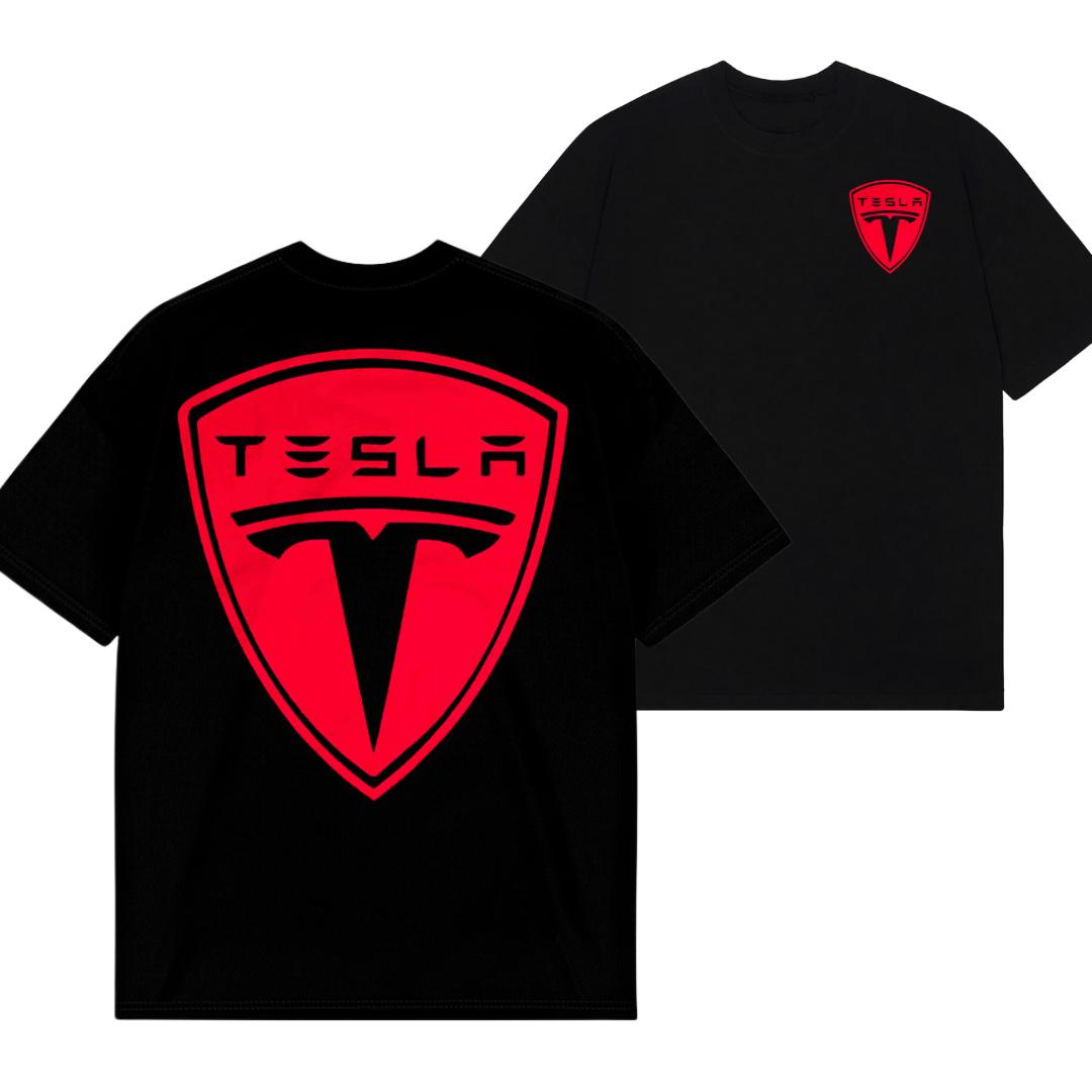 Tesla Big Red Logo 2 Sides Tee, Vintage-Inspired Graphic Shirt, Summer Cotton Top, Classic Menswear Style for Auto Fans, Gift Idea for Tesla Dads
