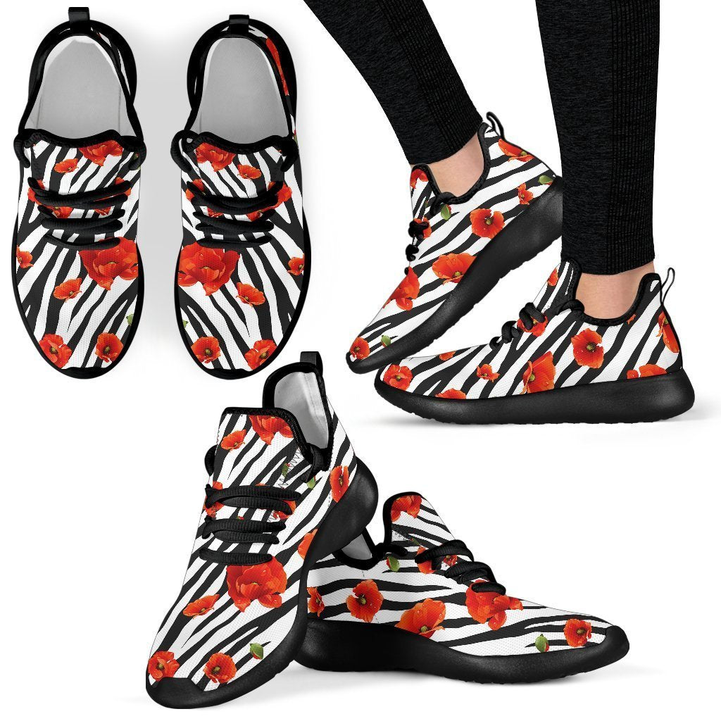 Black White Zebra Flower Pattern Print Mesh Knit Shoes