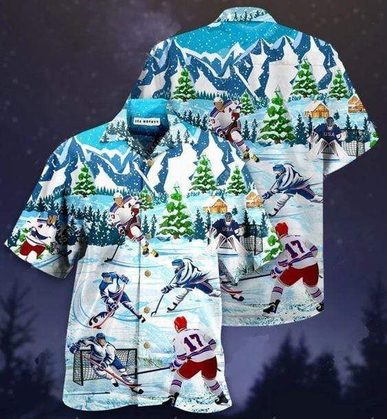 Get Here Ice Hockey Player Under Snowy Blue Unisex Hawaii Aloha Shirts Ha95559