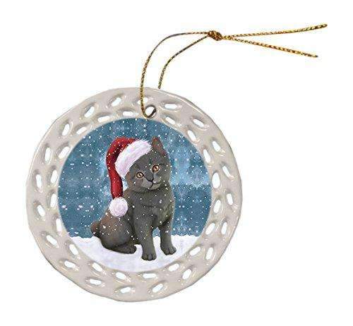 Let It Snow Christmas Holiday Chartreux Kitten Cat Wearing Santa Hat Ceramic Doily Ornament D070