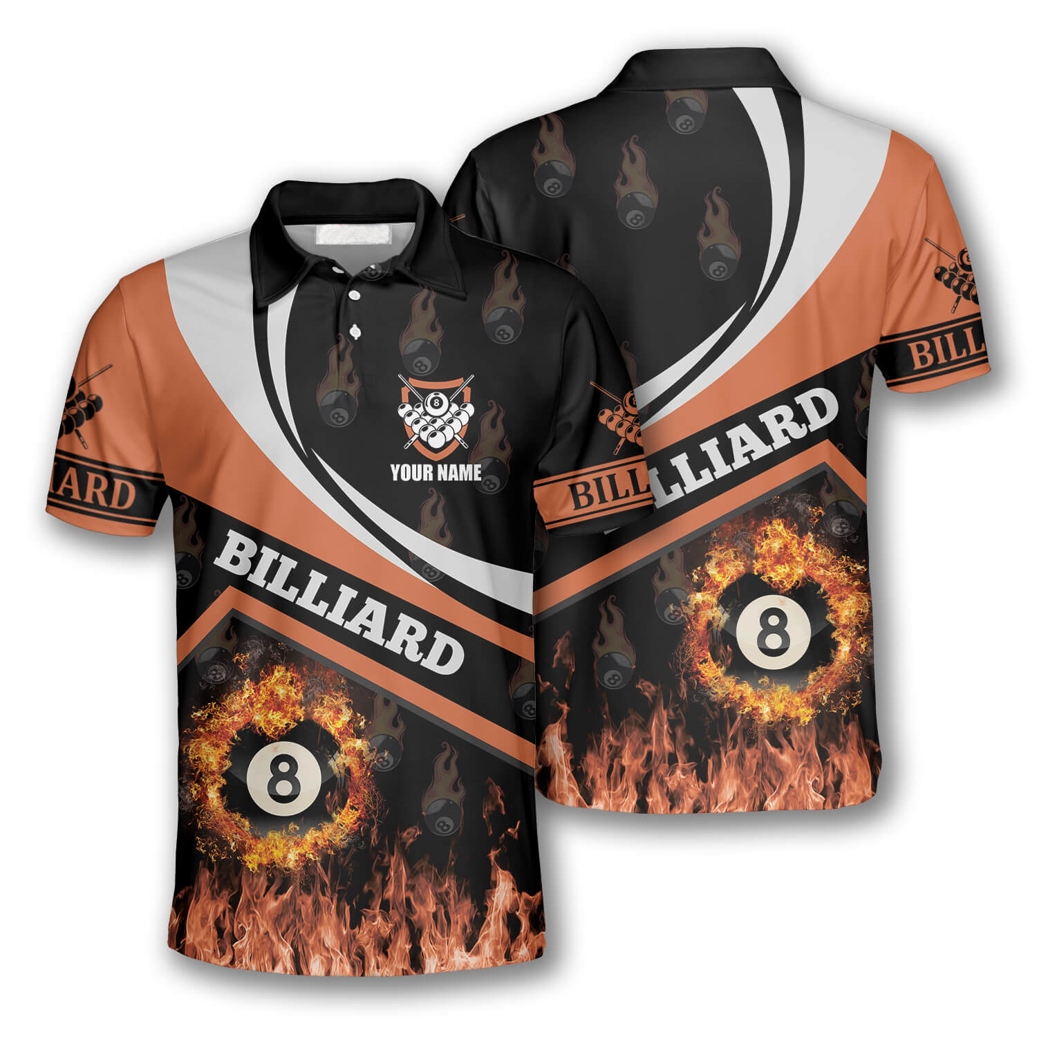 Billiard Fire Flame Orange Style Custom Billiard Shirts For Men, Custom Billiard Shirts For Team, Men’S Billiard Polo Shirts