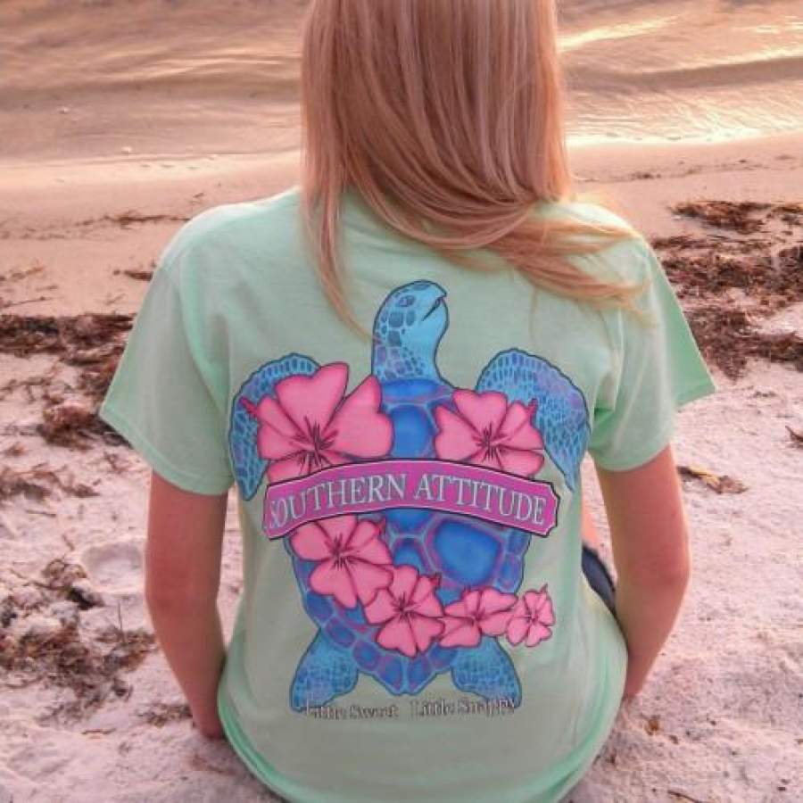 Country Life Outfitters Southern Attitude Snappy Sea Turtle Flower Mint Vintage Girlie Bright T Shirt