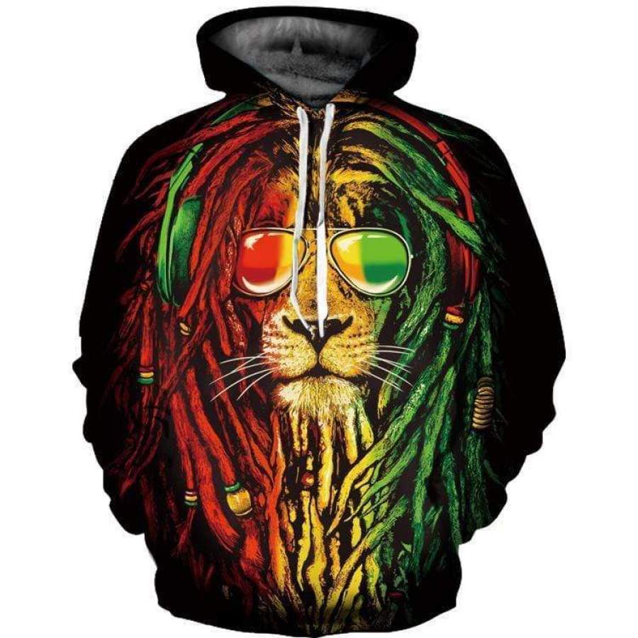 3D Lion Printed Hooded Pocket Pullover Sweater