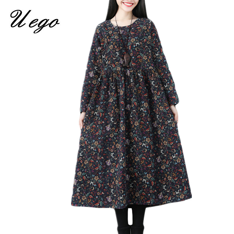 2022 New Arrival Autumn Dress Cotton Linen Long Sleeve Print Floral Vintage Dress Plus Size Women Casual Midi Spring Dress alx