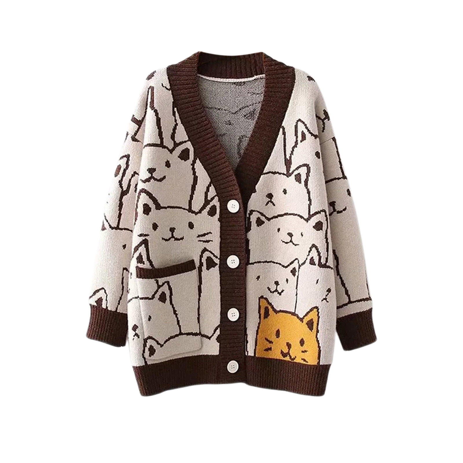 Women’s Button Down Knit Sweater, Long Sleeve V Neck Cartoon Cat Pattern Loose Cardigan alx