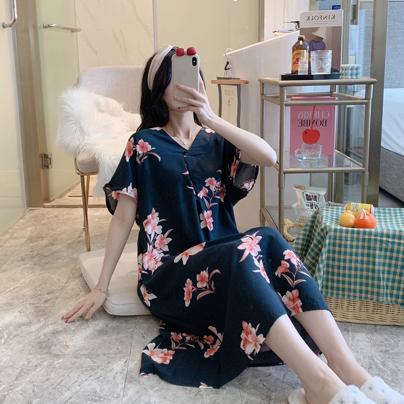 Summer Ladies Cotton Cartoon Printed Short-sleeved Nightdress Large Size Loose Cotton Home Women Nightwear Sleeping Dress alx