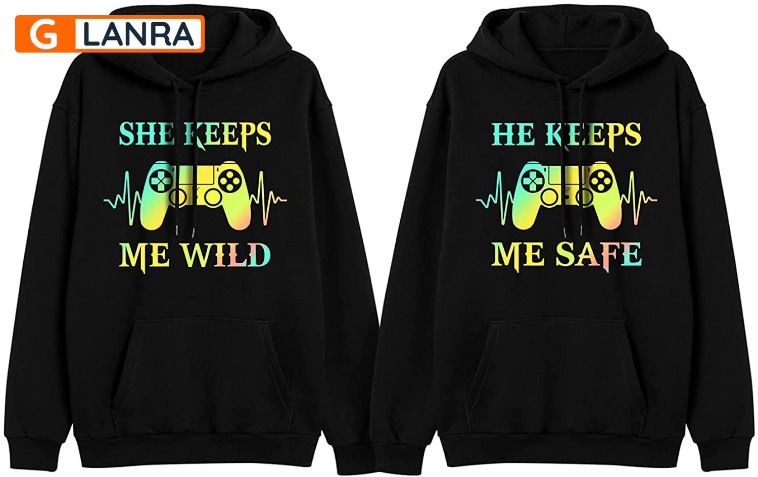 He Keeps Me Safe She Keeps Me Wild Hoodie, Gamer Couple Hoodie, Couple Hoodie, Video Game Hoodie, Husband Wife Hoodie, Unisex Sweater, Sweatshirt