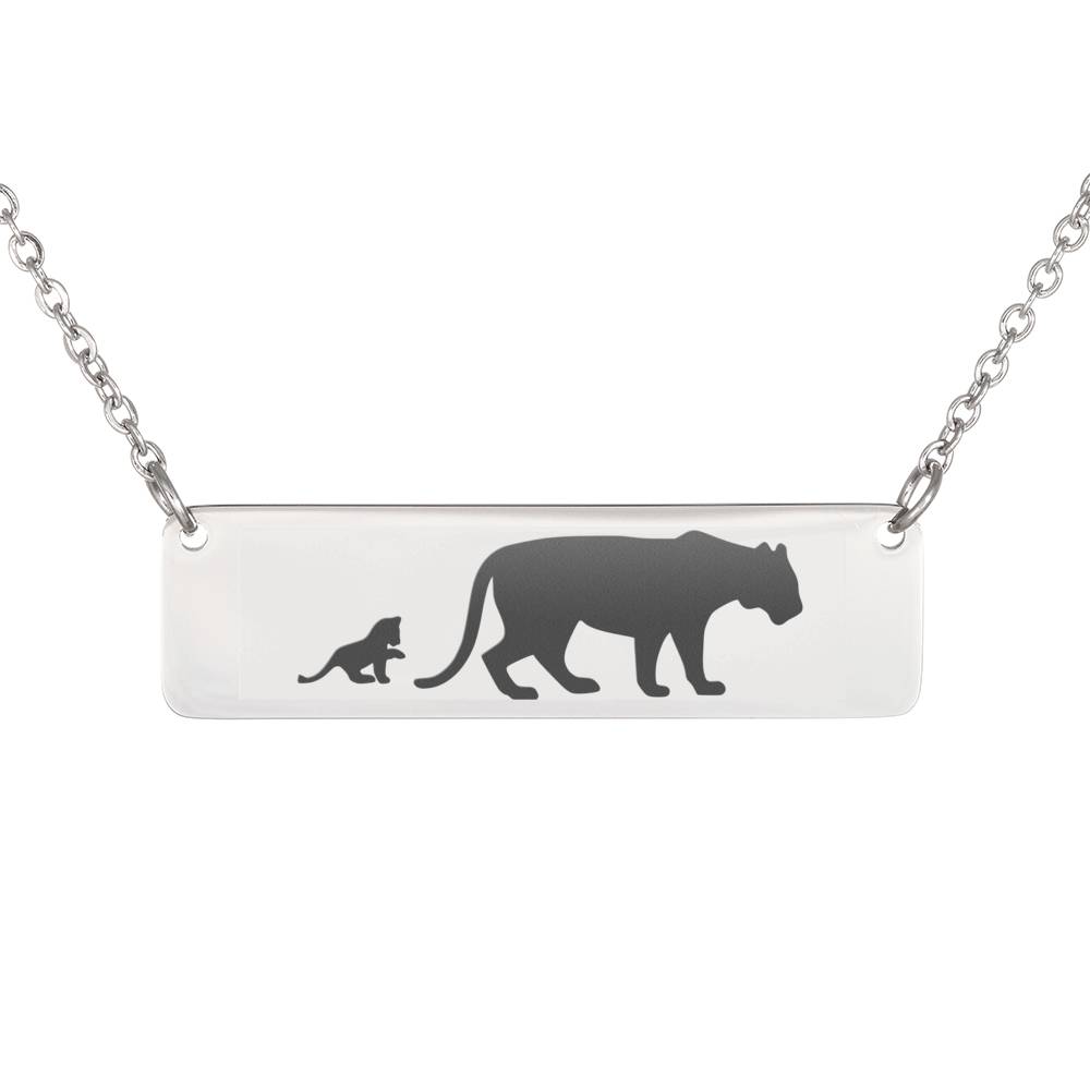 Animal Mom And Baby Necklace – Lion Pendant – Horizontal Bar Necklace – Engraved Animal Necklace (1 Cub)