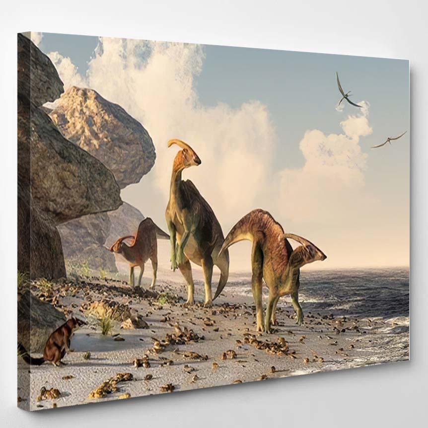 Three Parasaurolophus Stand On Rock Beach – Dinosaur Animals Canvas Print