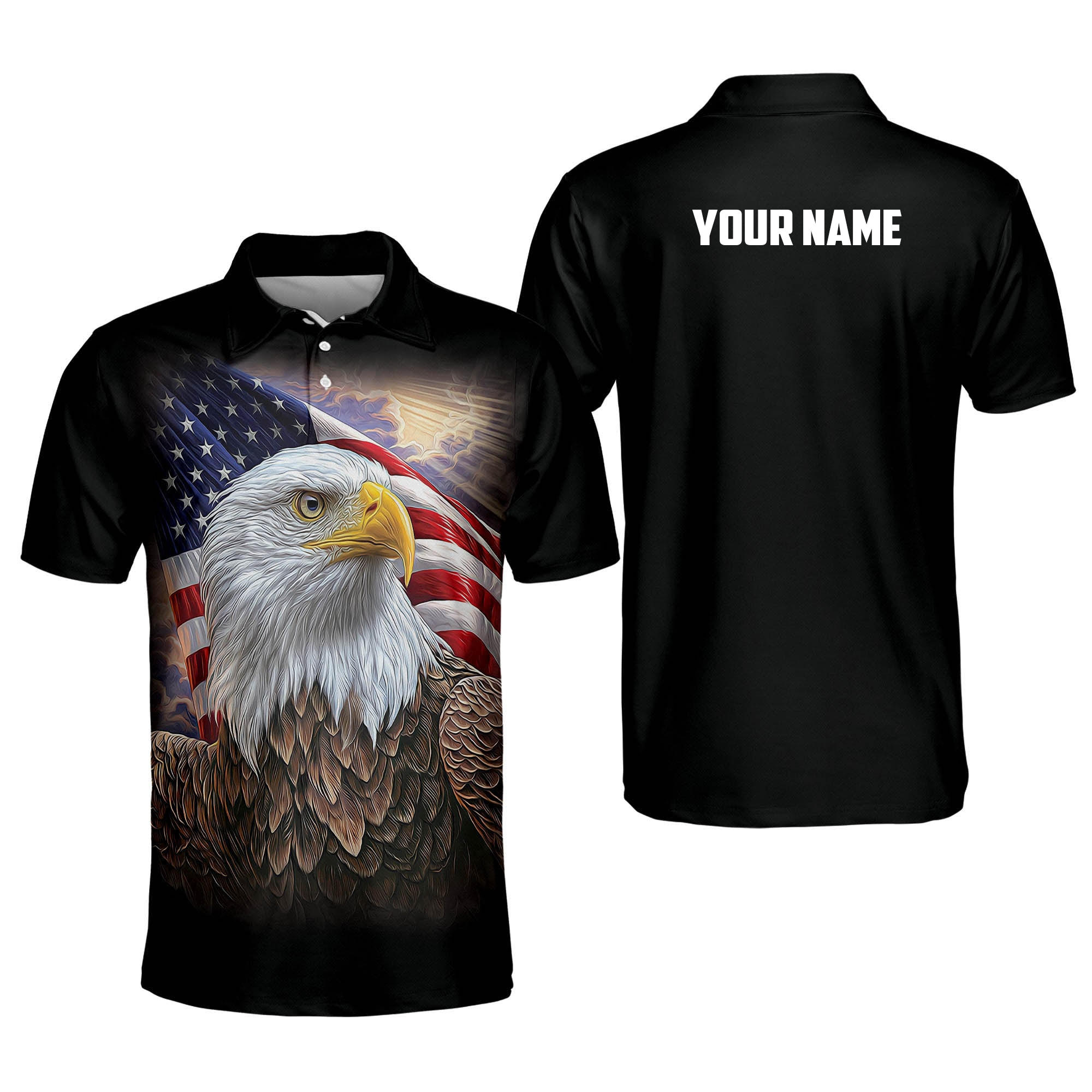 Personalized Name Printed American Flag Design With Eagle Polo Shirt, 4Th July Polo Shirt