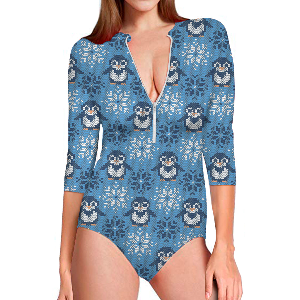 Snowy Penguin Knitted Pattern Print Long Sleeve One Piece Swimsuit