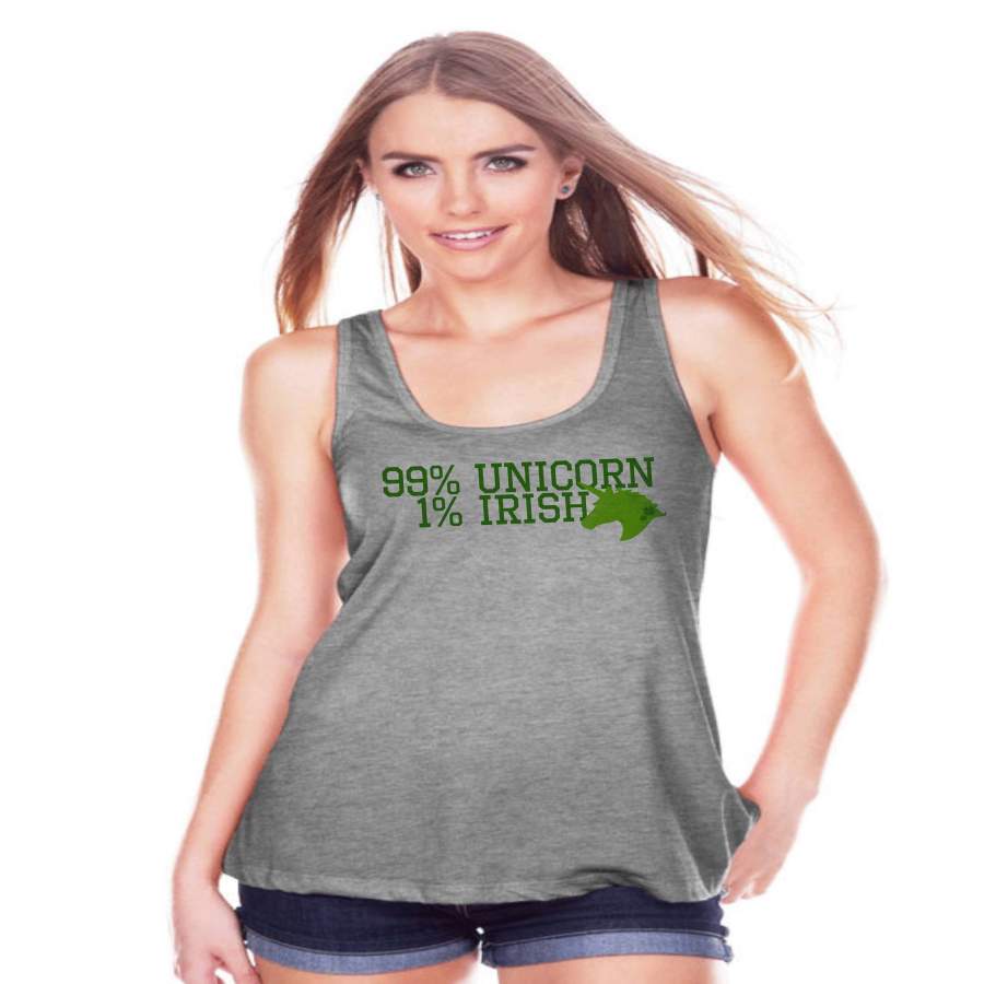 Women’s Unicorn Shirt – 99% Unicorn – St Patrick’s Day Irish Unicorn Tank – Womens Grey Tank Top – Green Lucky Unicorn – Gift for Her