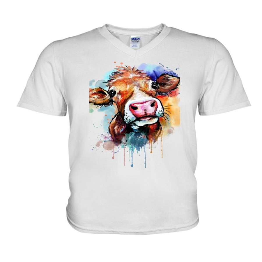 Cattle Cow Face Water Color Guys V-Neck