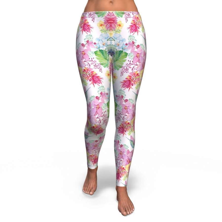 Hummingbird White Floral Drawing Pattern Print Pattern Women Leggings