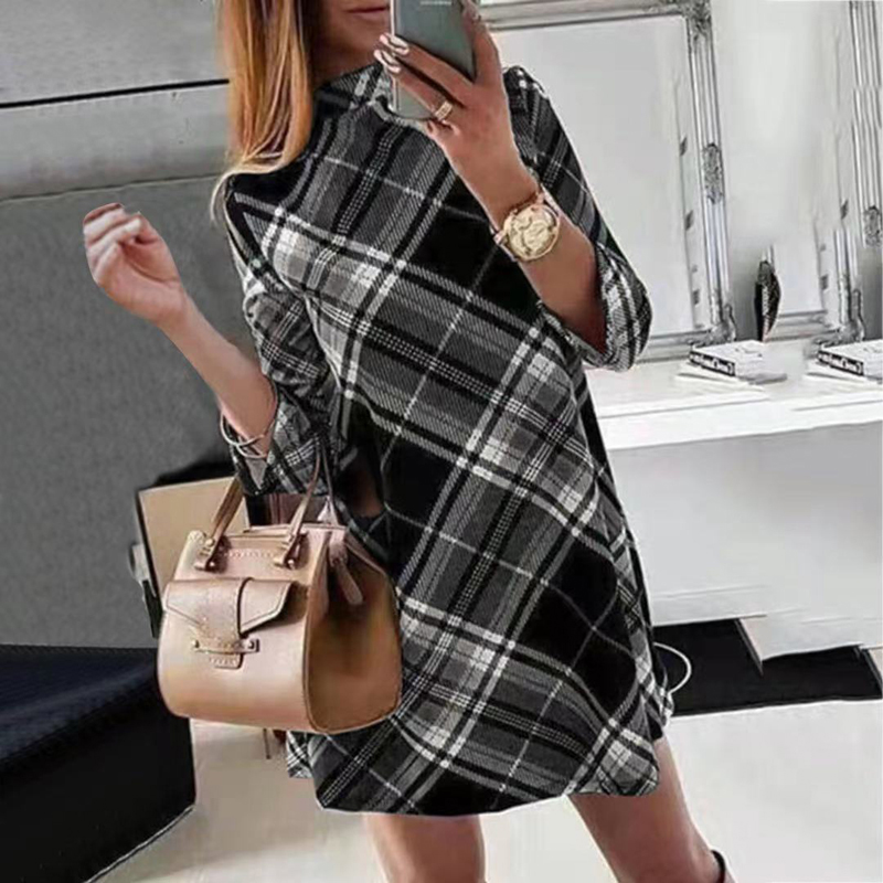 Women Elegant Turtleneck Pullover Dress Plaid Print Long Sleeve Above Knee Casual Dress Spring Autumn Long Sleeve Straight Dress alx