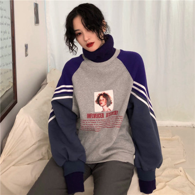 Women Korean New Autumn and Winter Hip-hop Turtleneck Sweatshirts Plus Velvet Thick Stitching Harajuku Printed Pullovers Jacket alx