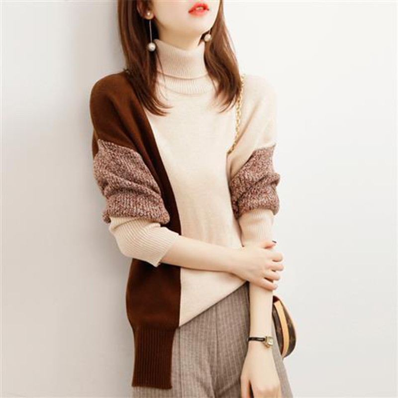 Autumn Winter Women’s High Collar Patchwork Irregular Sweater Lady Elegant Fashion All-match Knitting Pullover Bottoming Jumper alx